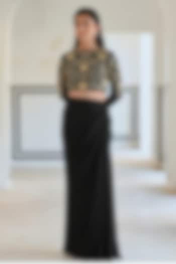 Black Raw Satin Big Flower Jaal Embroidered Skirt Set For Girls by Ease kids at Pernia's Pop Up Shop