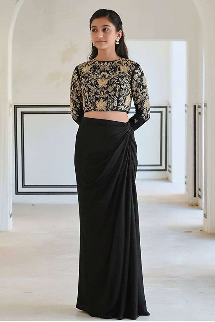 Black Raw Satin Big Flower Jaal Embroidered Skirt Set For Girls by Ease kids at Pernia's Pop Up Shop