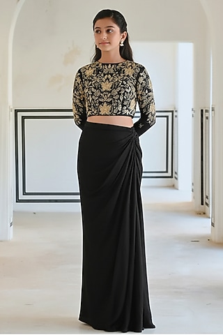 Black Raw Satin Big Flower Jaal Embroidered Skirt Set For Girls by Ease kids