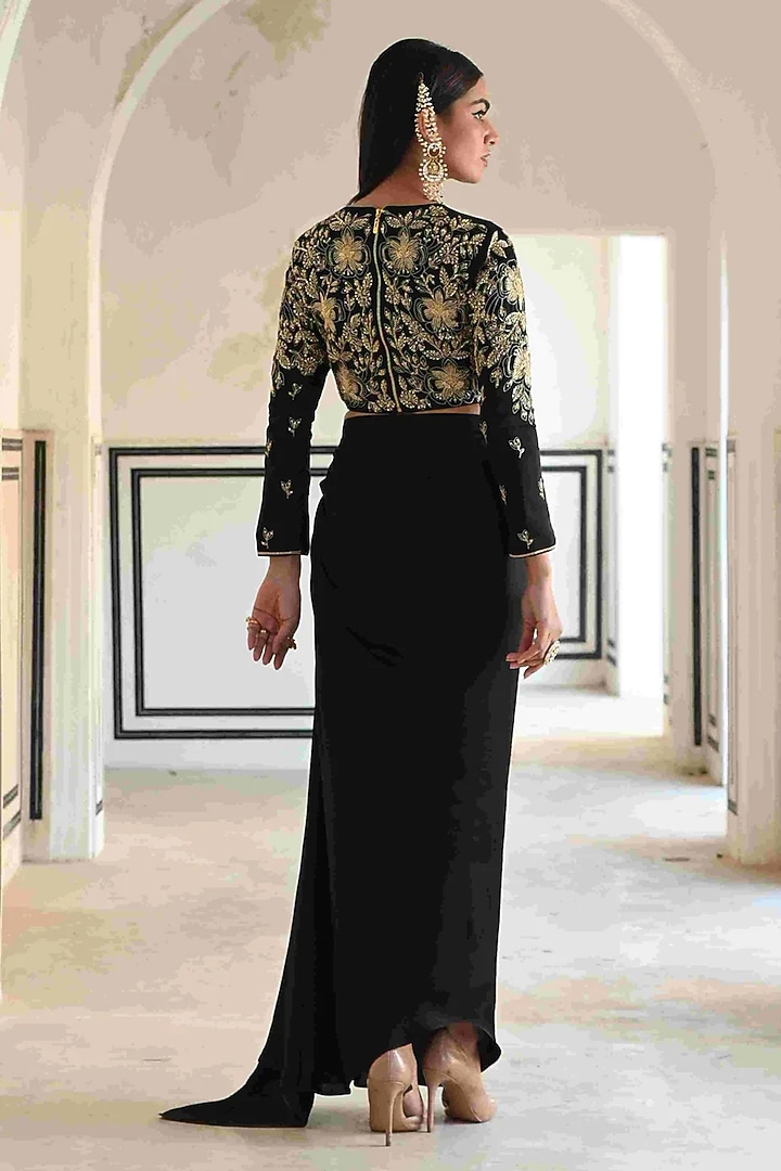 Black Raw Satin Big Flower Jaal Embroidered Skirt Set For Girls by Ease kids at Pernia's Pop Up Shop