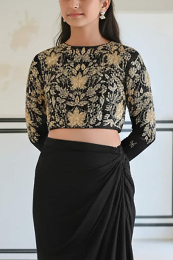 Black Raw Satin Big Flower Jaal Embroidered Skirt Set For Girls by Ease kids at Pernia's Pop Up Shop