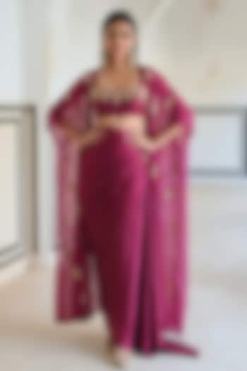 Magenta Silk Floral Embroidered Skirt Set For Girls by Ease kids at Pernia's Pop Up Shop
