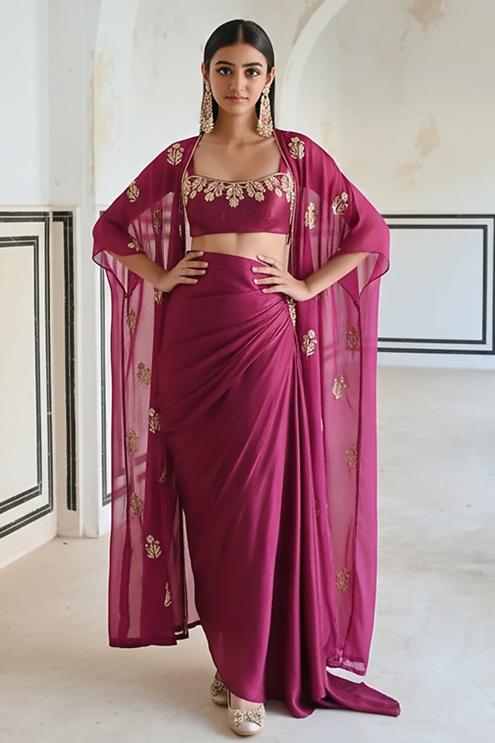 Magenta Silk Floral Embroidered Skirt Set For Girls by Ease kids at Pernia's Pop Up Shop