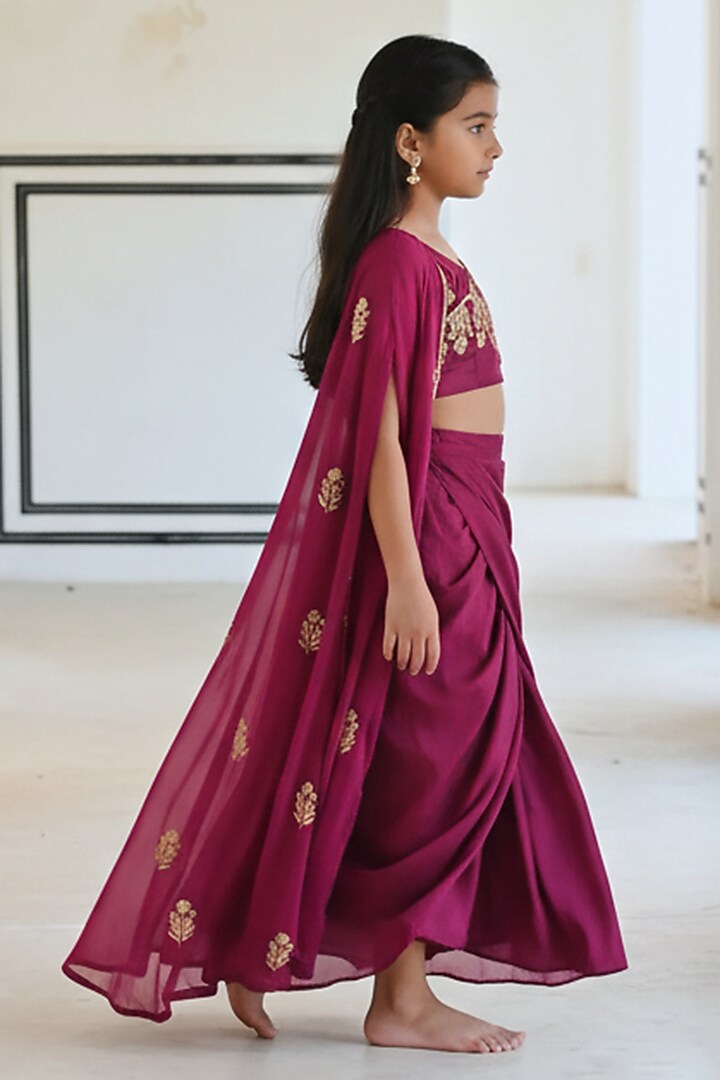 Magenta Silk Floral Embroidered Skirt Set For Girls by Ease kids at Pernia's Pop Up Shop