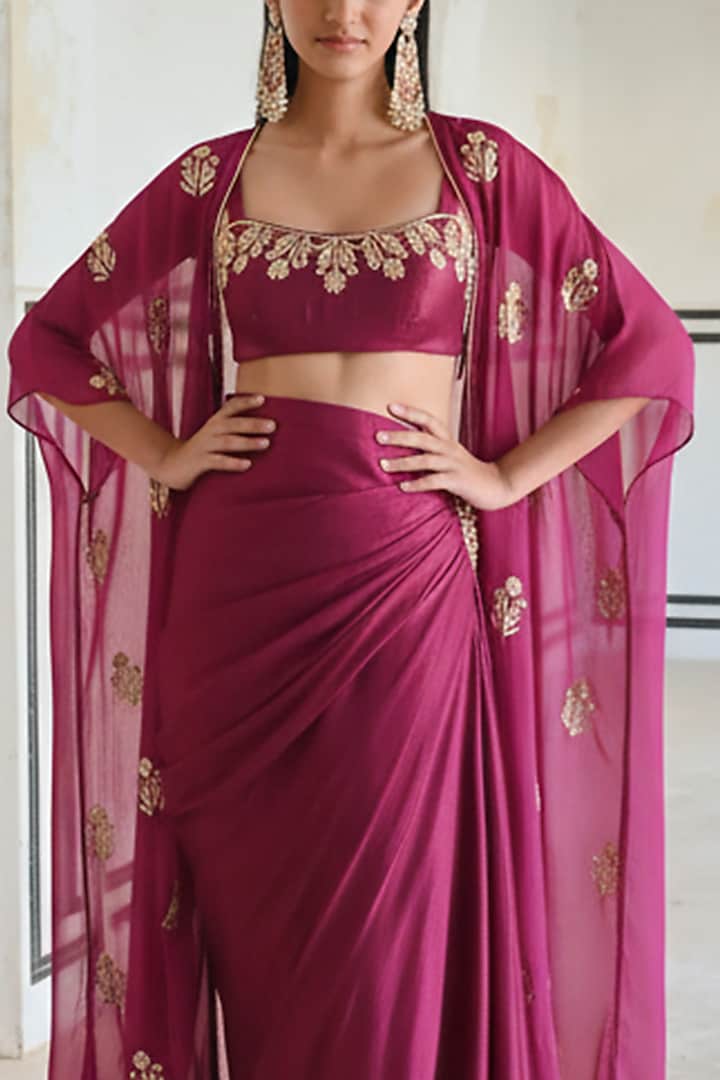 Magenta Silk Floral Embroidered Skirt Set For Girls by Ease kids at Pernia's Pop Up Shop