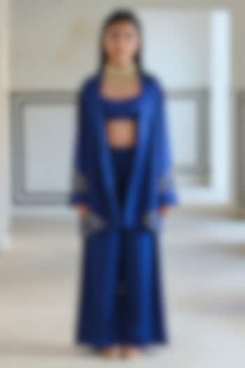 Royal Blue Raw Satin Embroidered Blazer Set For Girls by Ease kids at Pernia's Pop Up Shop