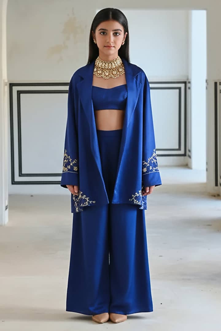 Royal Blue Raw Satin Embroidered Blazer Set For Girls by Ease kids at Pernia's Pop Up Shop