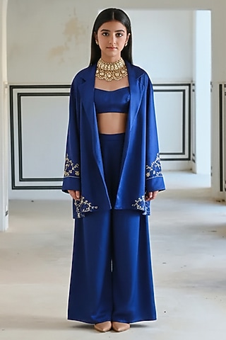 Royal Blue Raw Satin Embroidered Blazer Set For Girls by Ease kids