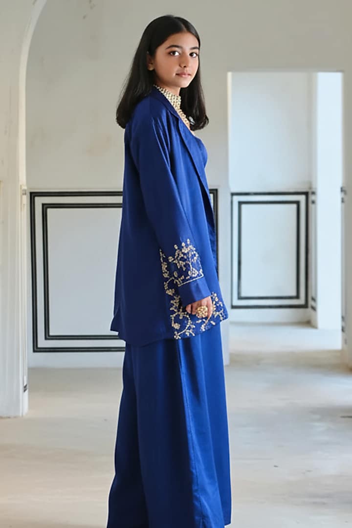 Royal Blue Raw Satin Embroidered Blazer Set For Girls by Ease kids at Pernia's Pop Up Shop