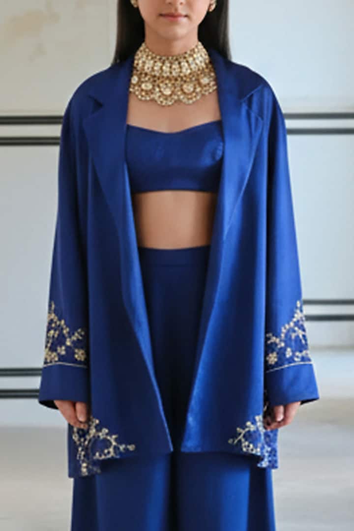 Royal Blue Raw Satin Embroidered Blazer Set For Girls by Ease kids at Pernia's Pop Up Shop