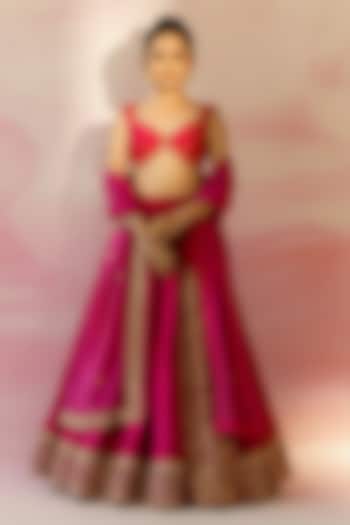 Fuchsia Pink Silk Leaf Embroidered Lehenga Set For Girls by Ease kids at Pernia's Pop Up Shop