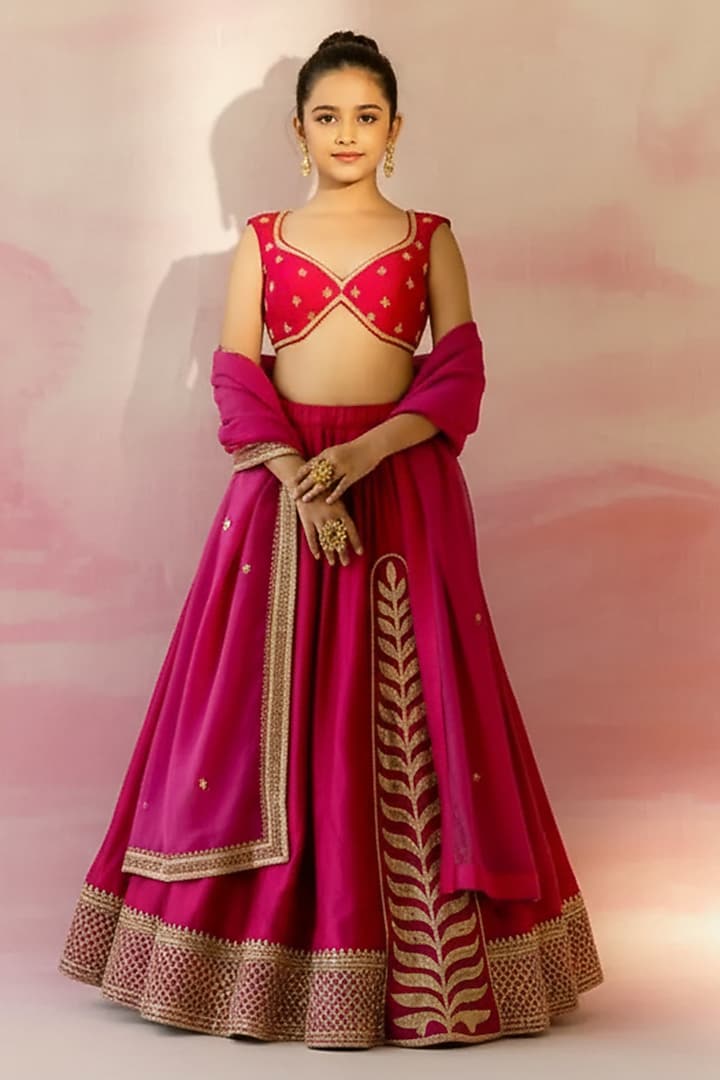 Fuchsia Pink Silk Leaf Embroidered Lehenga Set For Girls by Ease kids at Pernia's Pop Up Shop