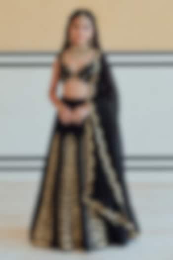 Black Silk Leaf Embroidered Lehenga Set For Girls by Ease kids at Pernia's Pop Up Shop