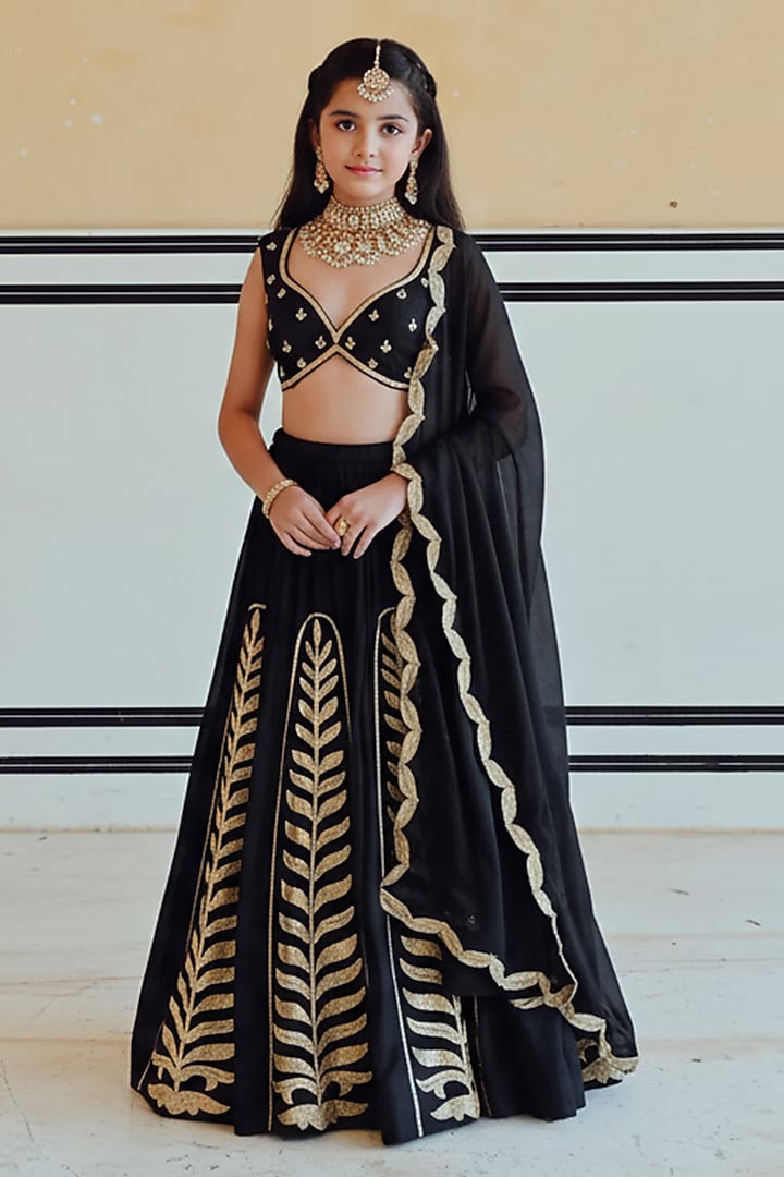 Black Silk Leaf Embroidered Lehenga Set For Girls by Ease kids at Pernia's Pop Up Shop