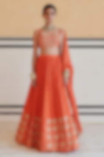 Orange Silk Floral Jaal Embroidered Lehenga Set For Girls by Ease kids at Pernia's Pop Up Shop