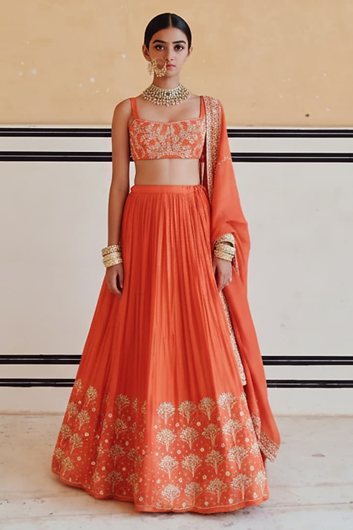 Orange Silk Floral Jaal Embroidered Lehenga Set For Girls by Ease kids at Pernia's Pop Up Shop