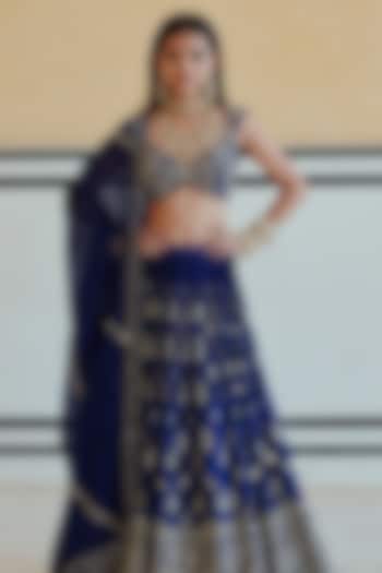 Royal Blue Pure Crepe Floral Jaal Embroidered Lehenga Set For Girls by Ease kids at Pernia's Pop Up Shop