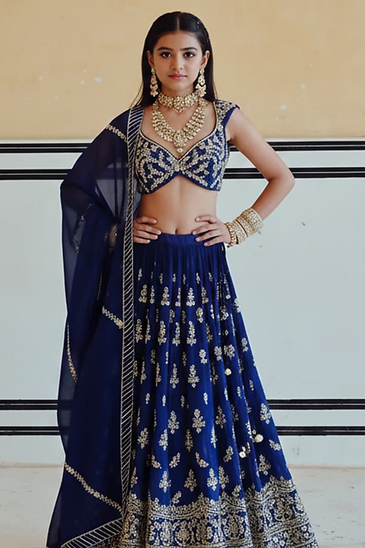 Royal Blue Pure Crepe Floral Jaal Embroidered Lehenga Set For Girls by Ease kids at Pernia's Pop Up Shop