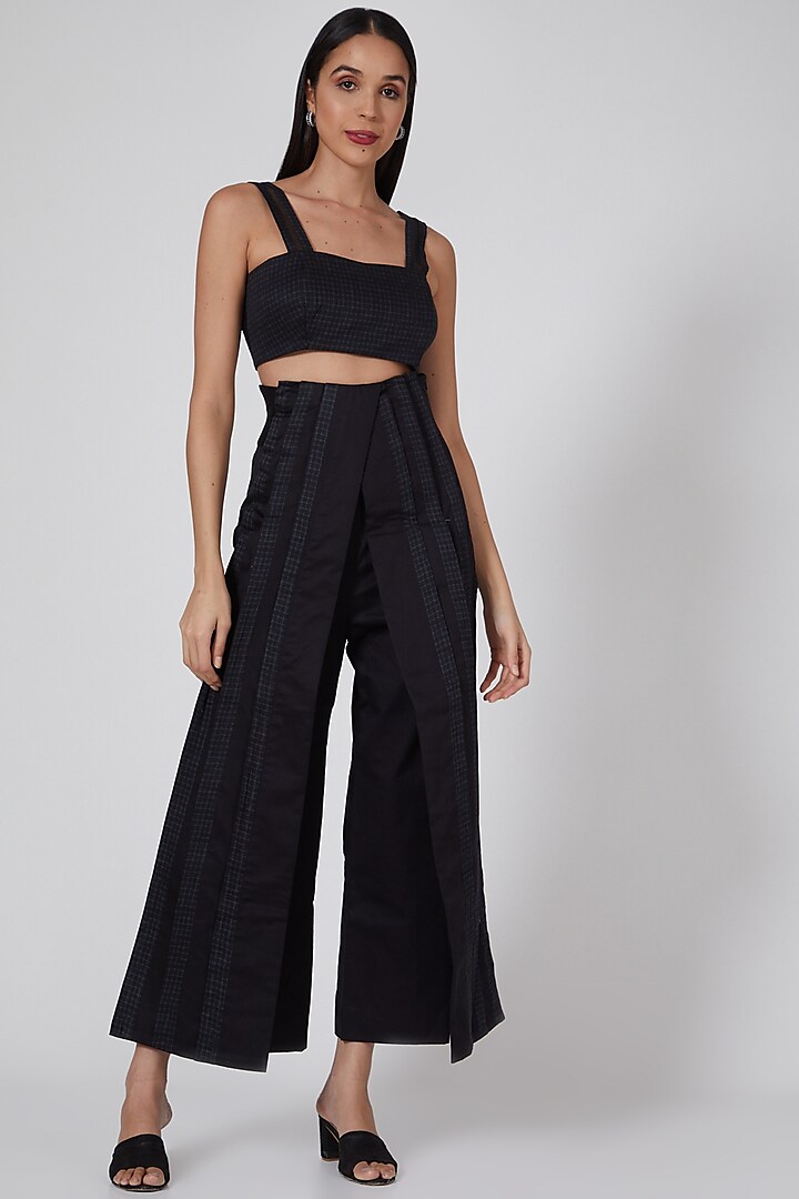 Black Cotton Satin High-Waisted Pants by EAST 14
