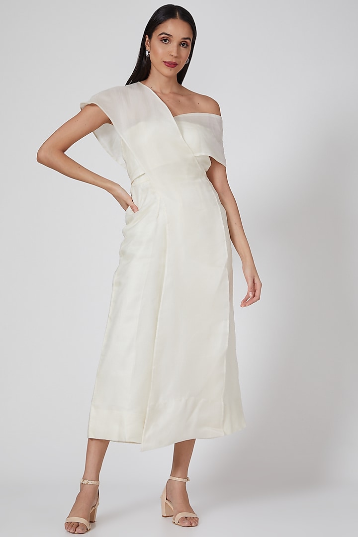 White Organza Silk Off-Shoulder Jumpsuit by EAST 14