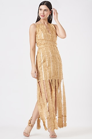 Beige Embroidered Maxi Dress by EAST 14