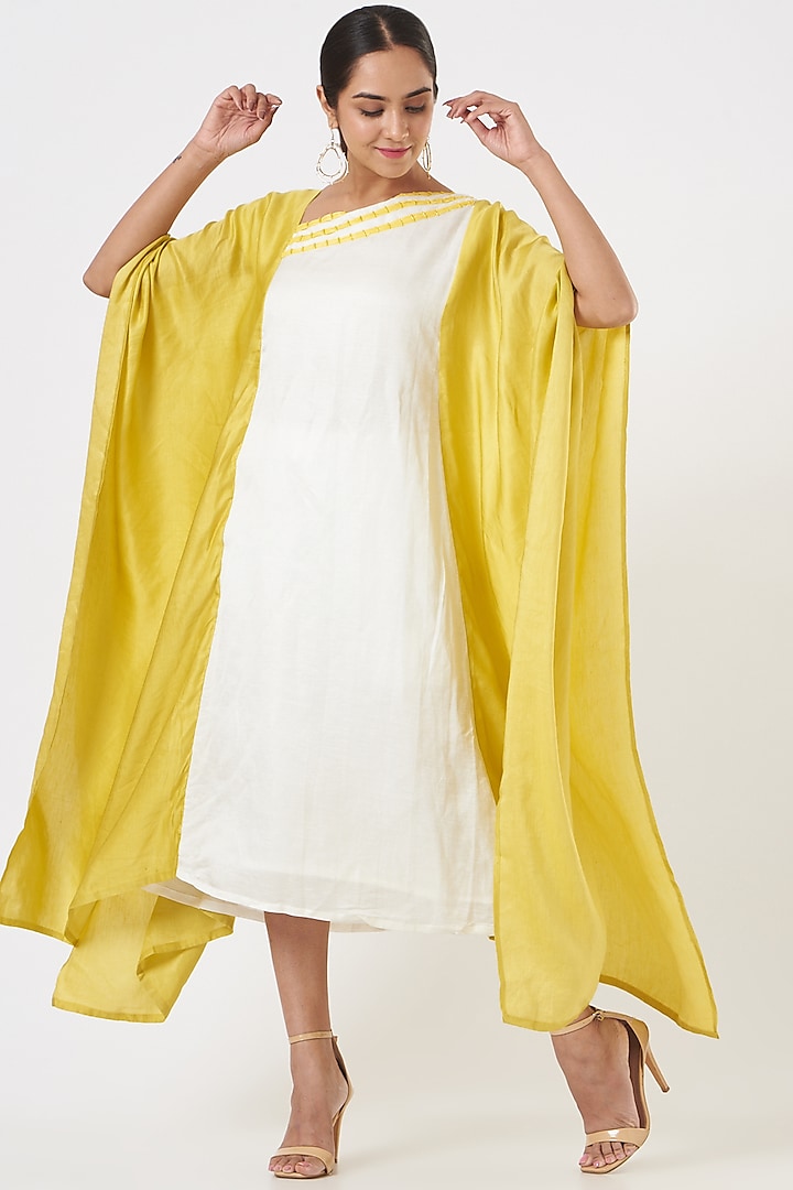 White & Yellow Hand Embroidered Kaftan Dress by EAST 14 at Pernia's Pop Up Shop