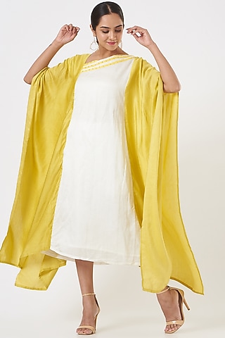 White & Yellow Hand Embroidered Kaftan Dress by EAST 14