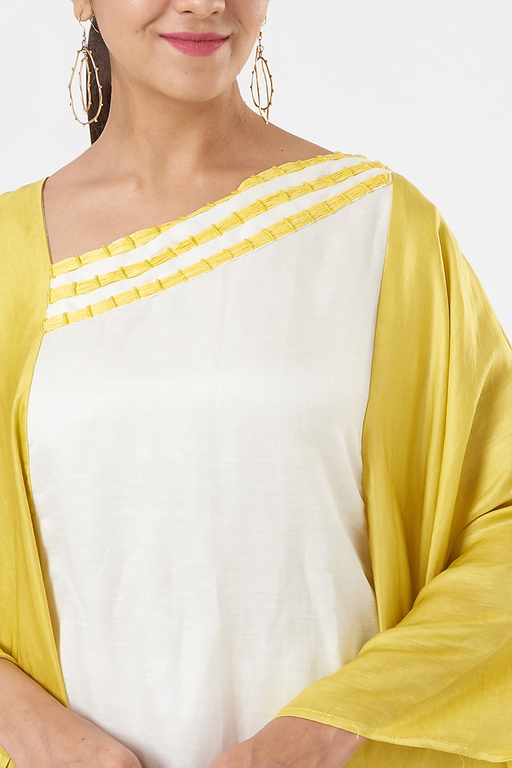 White & Yellow Hand Embroidered Kaftan Dress by EAST 14 at Pernia's Pop Up Shop