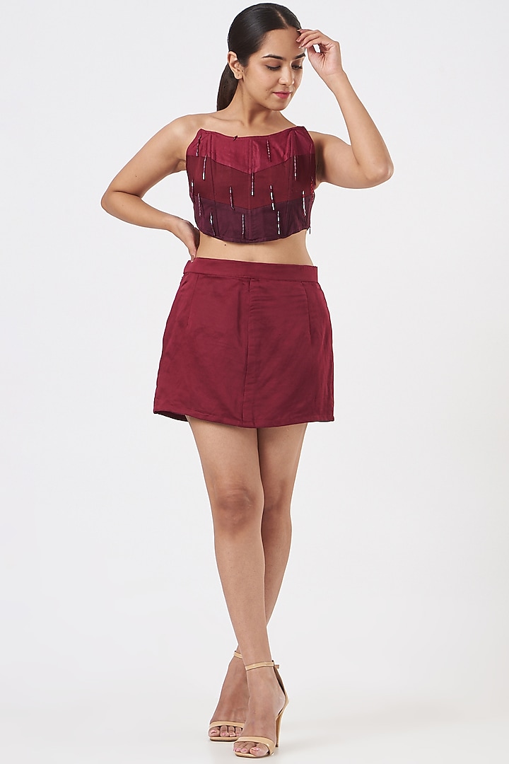Maroon Linen Mini Skirt Set by EAST 14