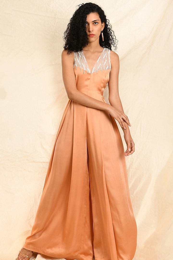 Peach Embroidered Jumpsuit by EAST 14
