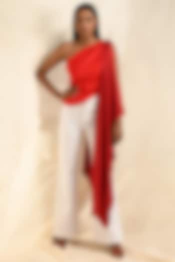 Red Cotton Satin One-Shoulder Top by EAST 14
