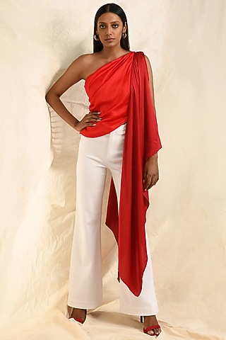 Red Cotton Satin One-Shoulder Top by EAST 14
