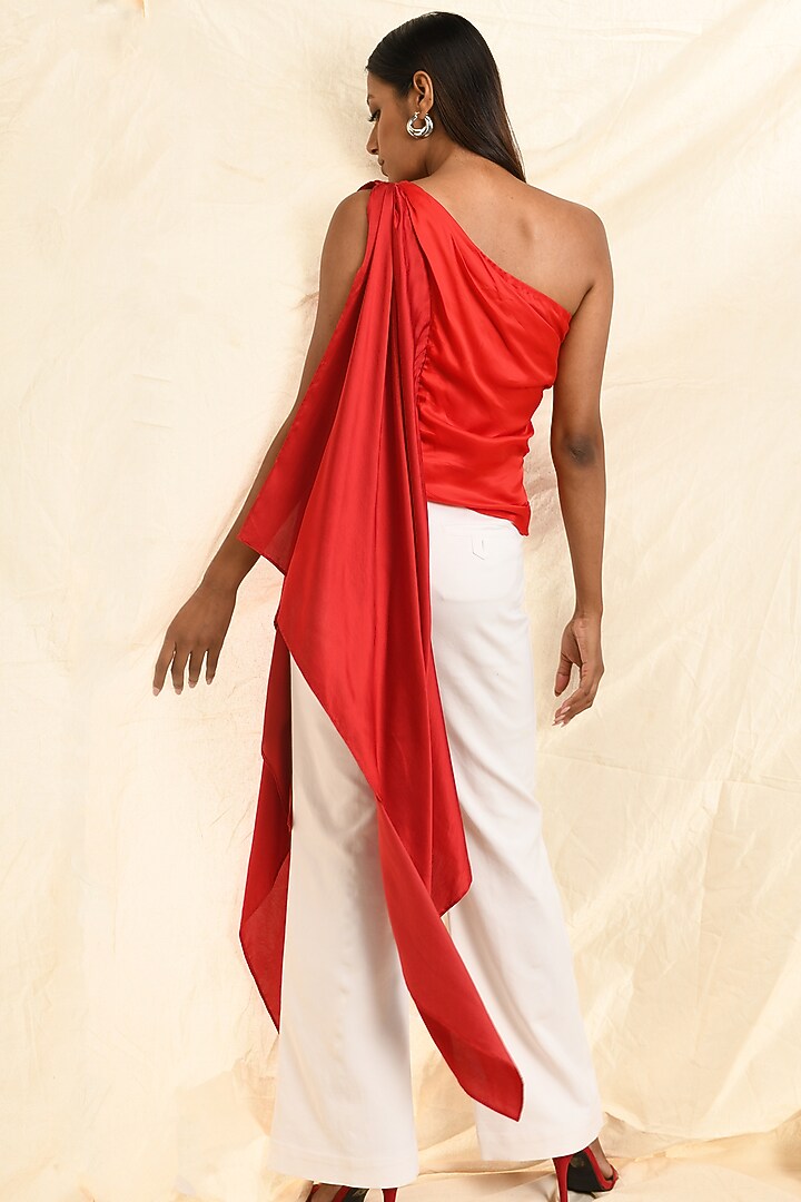 Red Cotton Satin One-Shoulder Top by EAST 14 at Pernia's Pop Up Shop
