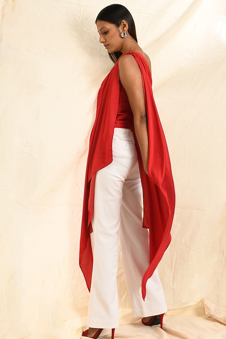 Red Cotton Satin One-Shoulder Top by EAST 14 at Pernia's Pop Up Shop