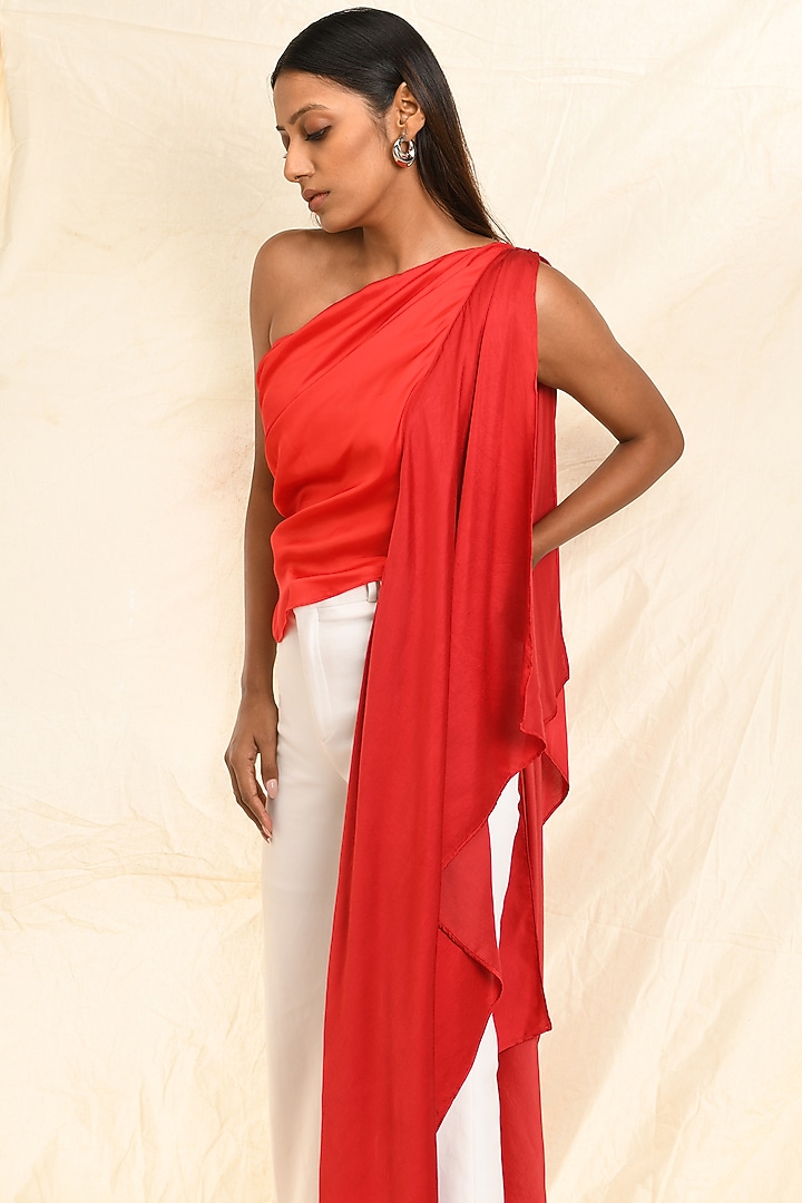 Red Cotton Satin One-Shoulder Top by EAST 14 at Pernia's Pop Up Shop