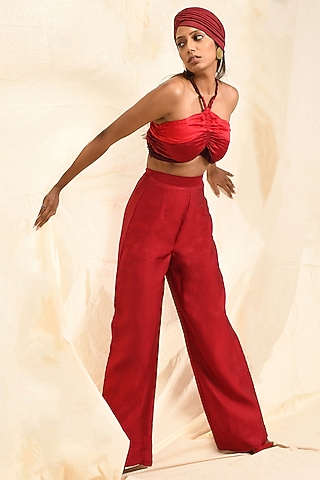 Red Linen Satin Pant Set by EAST 14