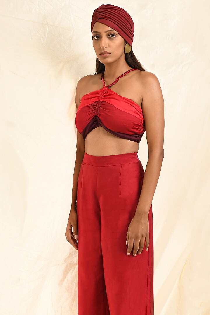 Red Linen Satin Pant Set by EAST 14 at Pernia's Pop Up Shop