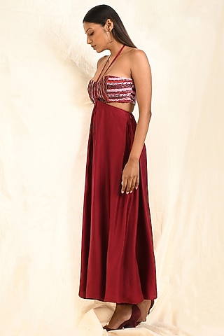 Wine Linen Satin Pleated Skirt Set by EAST 14