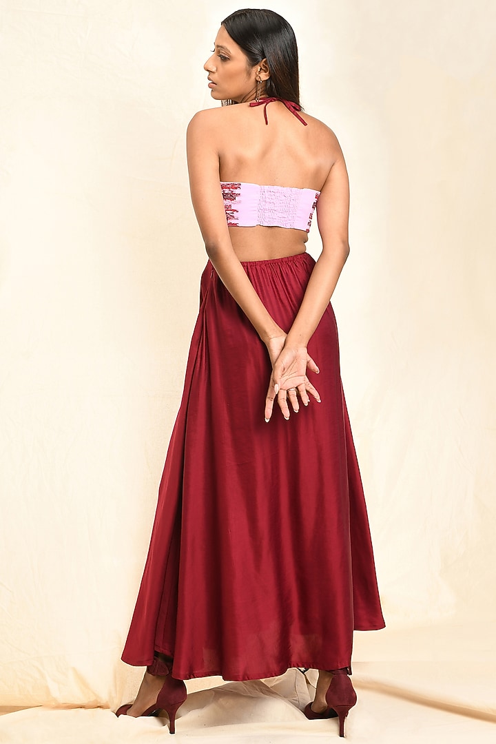 Wine Linen Satin Pleated Skirt Set by EAST 14 at Pernia's Pop Up Shop
