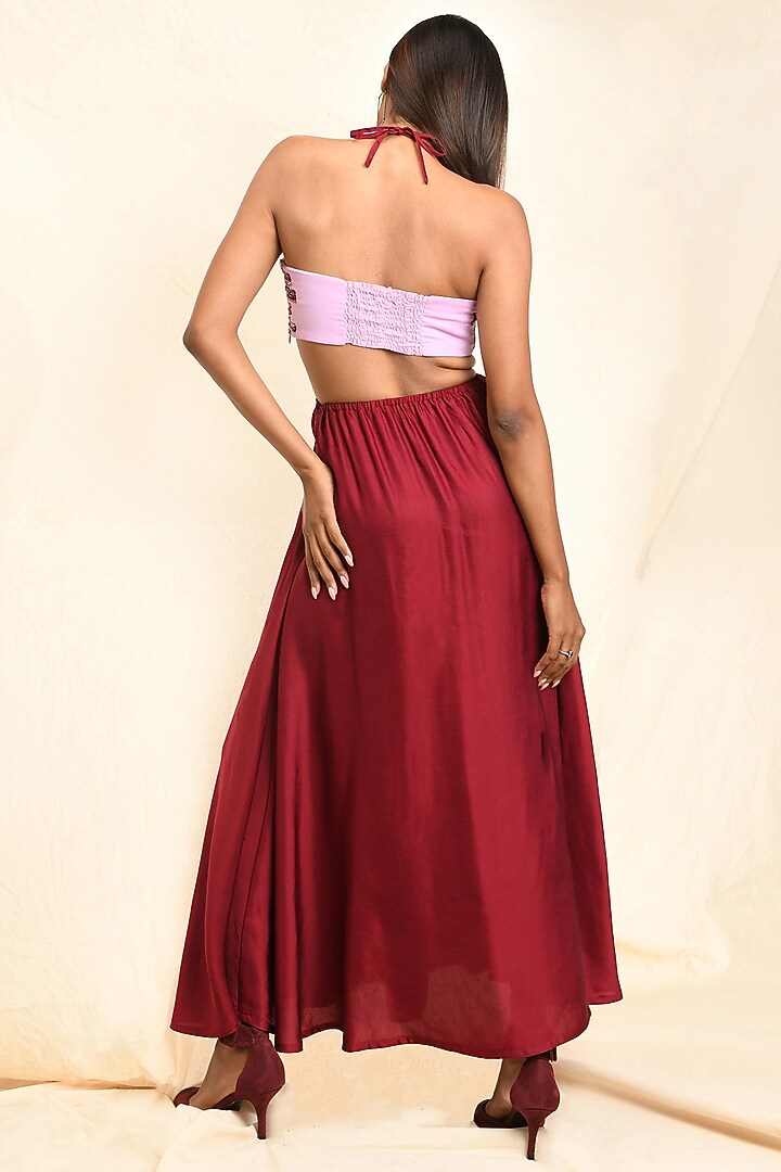 Wine Linen Satin Pleated Skirt Set by EAST 14 at Pernia's Pop Up Shop