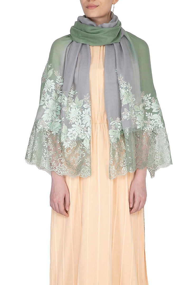 Olive Green Ombre Embroidered Lace Stole by Eastern Roots