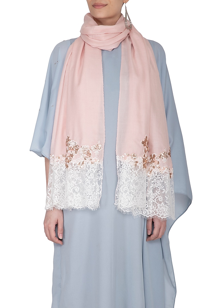 Baby Pink Embroidered Lace Stole by Eastern Roots
