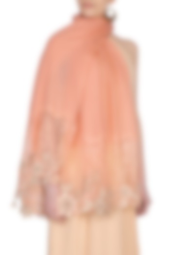 Peach Embroidered Lace Stole by Eastern Roots