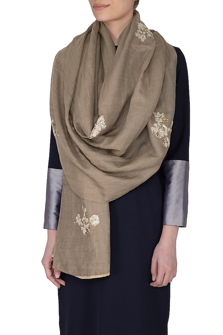 Beige Reversible Embroidered Stole by Eastern Roots at Pernia's Pop Up Shop