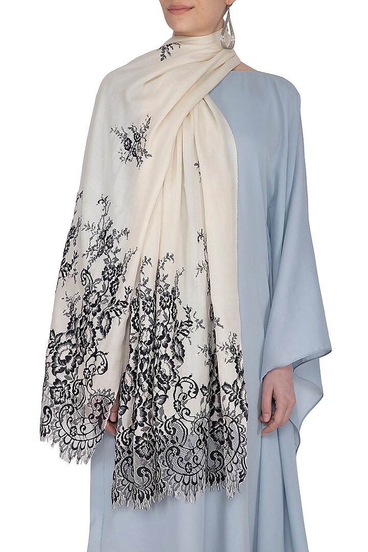 Cream & Black Floral Lace Stole by Eastern Roots