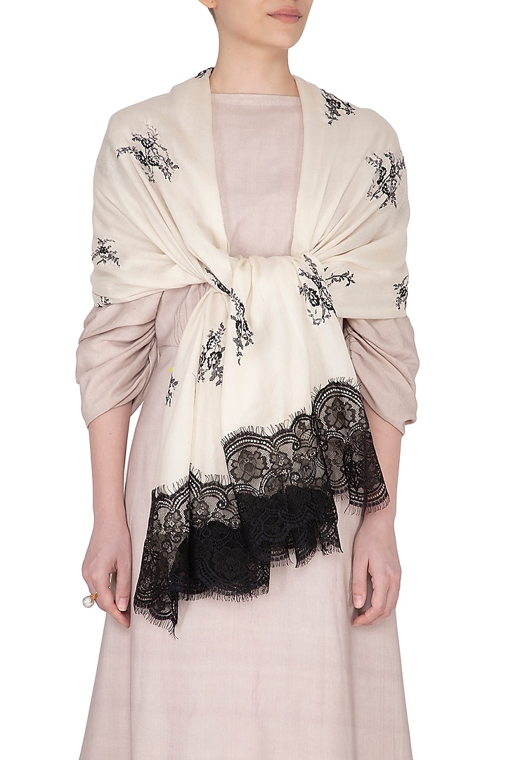 Cream & Black Lace Stole by Eastern Roots