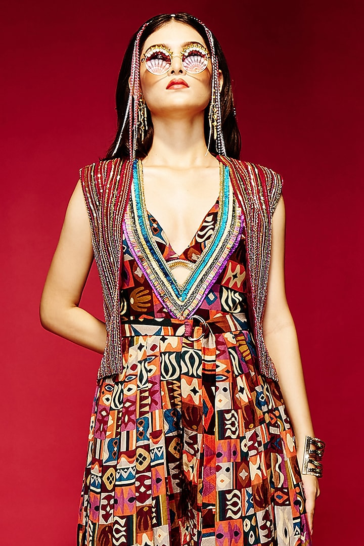 Multi-Colored Raw Silk Embroidered Sleeveless Jacket by Eshaa Amiin