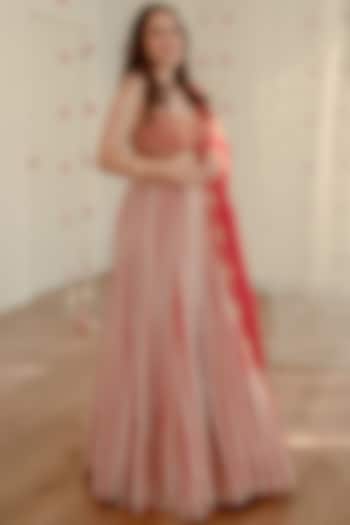 Red Viscose Organza Printed & Embroidered  dulhan bday 22 may Lehenga Set by Ease at Pernia's Pop Up Shop