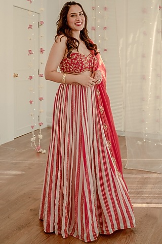 Red Viscose Organza Printed & Embroidered Lehenga Set by Ease