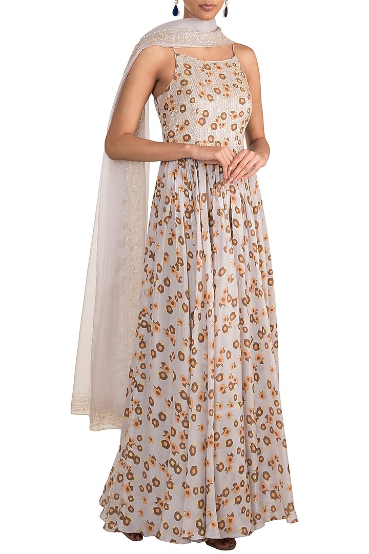 Light Lilac Embroidered Printed Wedding Anarkali With Dupatta by Ease at Pernia's Pop Up Shop